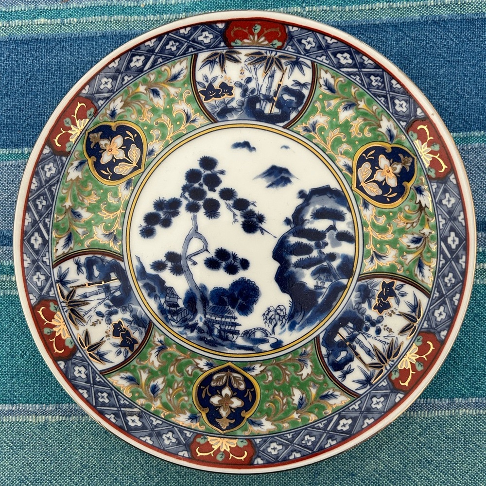 Decorative Hand-Painted Ceramic Wall Plate in Blue, Green, Red and Gold